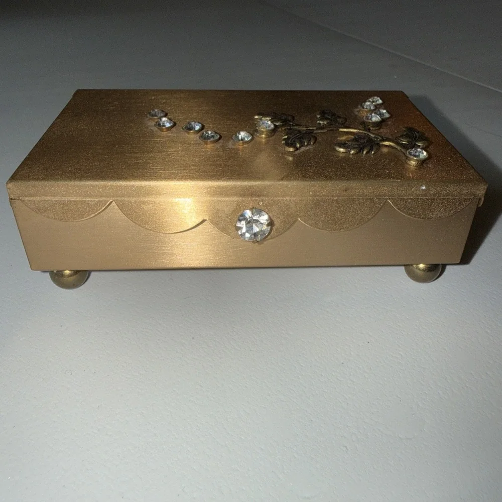 Vintage Mini Brass Jewelry Box with Rhinestones And Mirror 4.0 X‎ 2.5 X 1.25